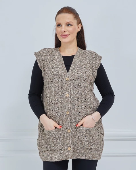 Kadın Kırçıllı Kazayağı Model Kalın Kışlık Örgü Cepli Triko Anne Yelek - 7