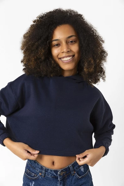 Basic Lacivert Kapüşonlu Crop Sweatshirt - 3