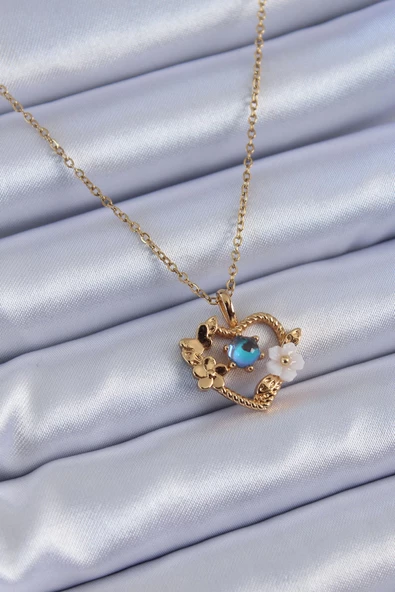 MuI MuI 316L Çelik Gold Renk Çiçek Kalp Model Nazar Boncuk Detay Kadın Kolye