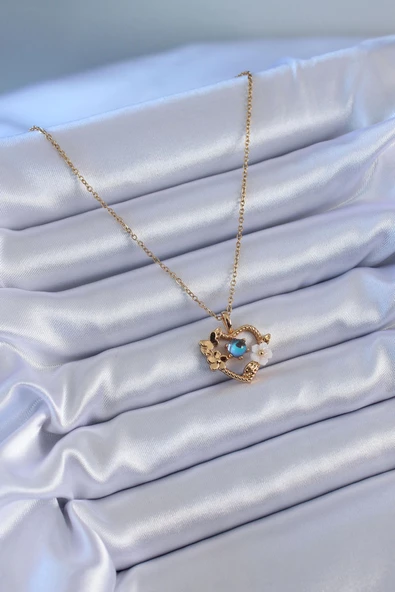 MuI MuI 316L Çelik Gold Renk Çiçek Kalp Model Nazar Boncuk Detay Kadın Kolye - 2