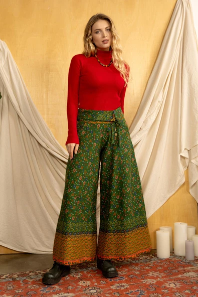 Düşük Bel Düğmeli Bol Paça Pantolon - 3