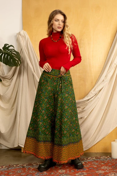 Düşük Bel Düğmeli Bol Paça Pantolon - 2