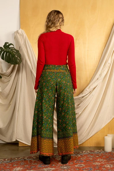 Düşük Bel Düğmeli Bol Paça Pantolon - 5