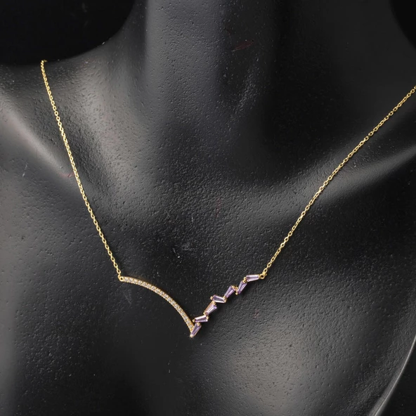 14 Ayar Mor Taşlı V Tarzı Altın Kolye - Resim 3