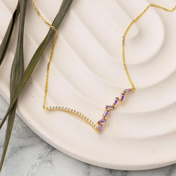 14 Ayar Mor Taşlı V Tarzı Altın Kolye - Resim 2