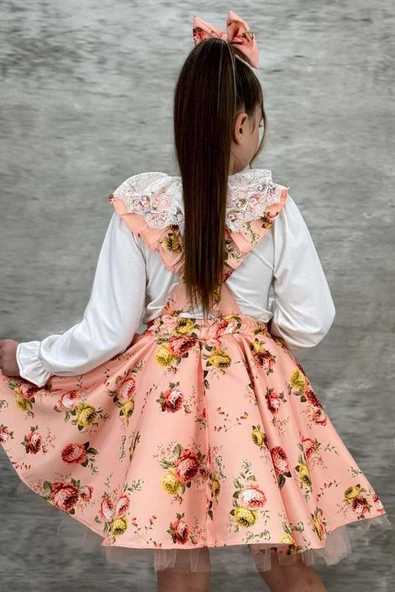 Kız Çocuk Yakası Güpür İşlemeli Bluz ve Flowers Baskılı Somon Salopet Takım - 2