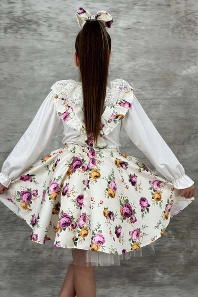 Kız Çocuk Yakası Güpür İşlemeli Bluz ve Flowers Baskılı Beyaz Salopet Takım - 2
