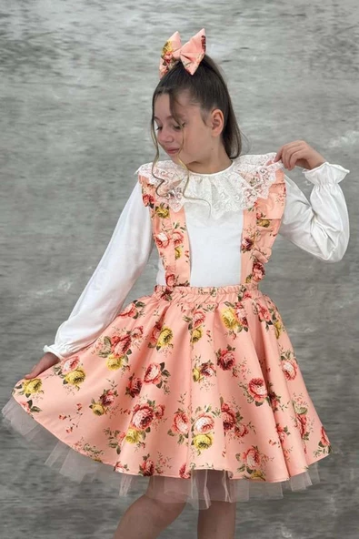 Kız Çocuk Yakası Güpür İşlemeli Bluz ve Flowers Baskılı Somon Salopet Takım - 3