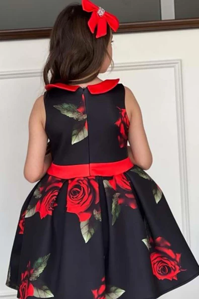 Kız Çocuk Bebe Yaka Gül Baskılı Siyah Elbise - 4