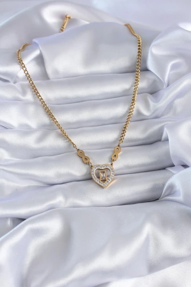MuI MuI 316L Çelik Gold Renk Zirkon Taşlı Kalp Model Sonsuzluk Detay Kadın Kolye - 2
