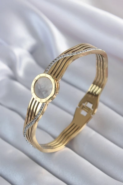 MuI MuI 316L Çelik Gold Renk Zirkon Taş İşleme Detay Kadın Kelepçe