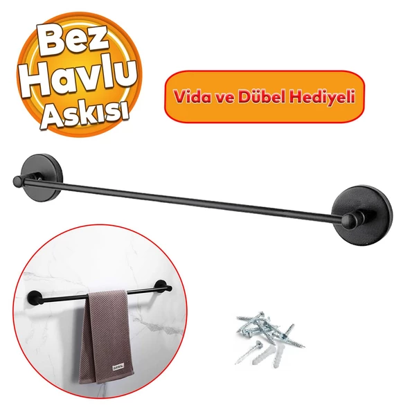 Vidalı Askılık Sağlam Askı Metal Siyah Bez Havlu Asma Askısı Aparatı 42 cm Banyo Lavabo