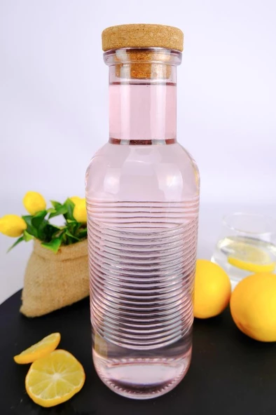 Digithome H2O Mantar Kapaklı Cam Su Şişesi Başucu Sürahisi 1000 Ml Pembe - H2O89105 C1-1-18