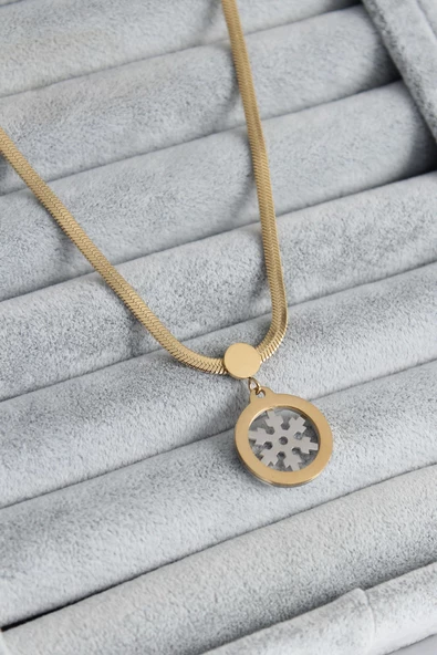 MuI MuI 316L Çelik Gold Renk İtalyan Zincir Model Gümüş Kar Tanesi Figür Kadın Kolye