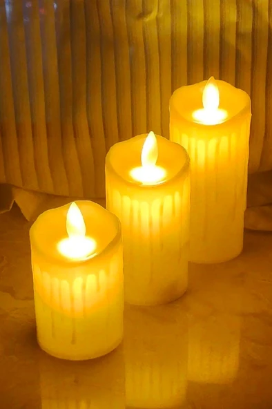 3lü Büyük Boy Titreyen Alevli Beyaz Led Mum Seti 10*8*6 cm
