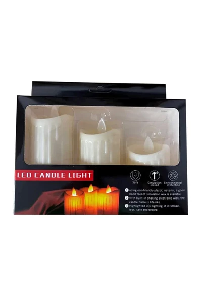 3lü Büyük Boy Titreyen Alevli Beyaz Led Mum Seti 10*8*6 cm - 3