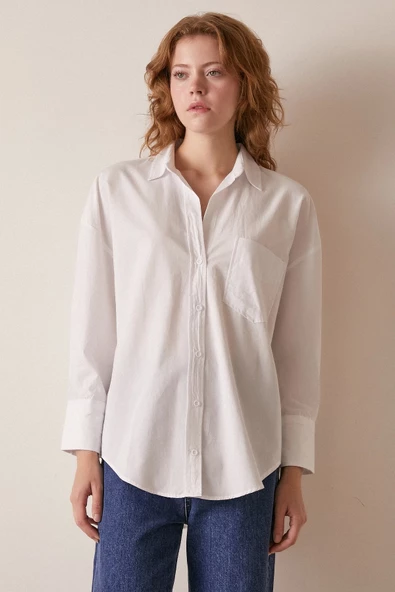 Tek Cepli Pamuklu Gömlek Beyaz - Resim 2