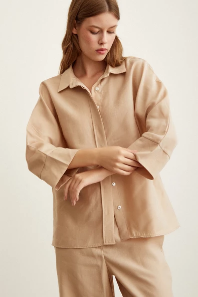 Yarasa Kol Keten Gömlek Bej - Resim 4
