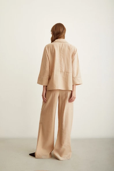 Yarasa Kol Keten Gömlek Bej - Resim 6