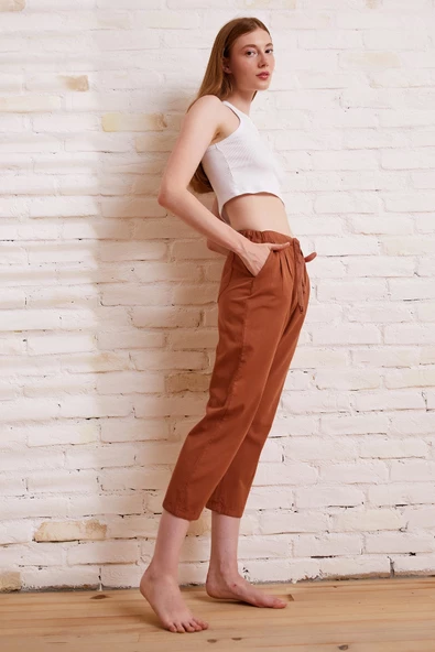 Beli İpli Salaş Gabardin Pantolon Kiremit - 3