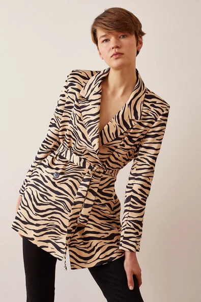 Düğmeli Kuşaklı Blazer Ceket Leopar - 2