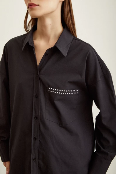 Taş Detaylı Poplin Gömlek Siyah - Resim 3
