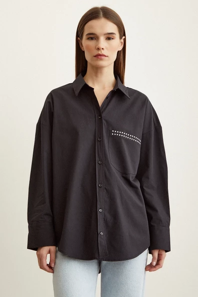 Taş Detaylı Poplin Gömlek Siyah - Resim 2