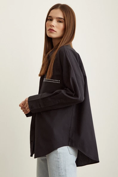 Taş Detaylı Poplin Gömlek Siyah - Resim 6