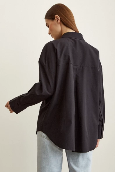 Taş Detaylı Poplin Gömlek Siyah - Resim 4