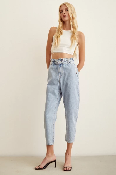 Beli Lastikli Mom Jean Buz Mavisi - 3