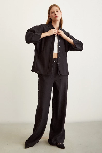 Yarasa Kol Keten Gömlek Siyah - Resim 3