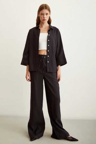 Yarasa Kol Keten Gömlek Siyah - Resim 2