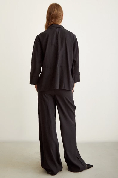 Yarasa Kol Keten Gömlek Siyah - Resim 6