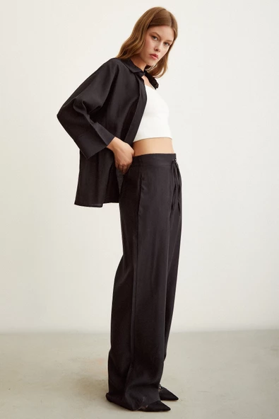 Yarasa Kol Keten Gömlek Siyah - Resim 4