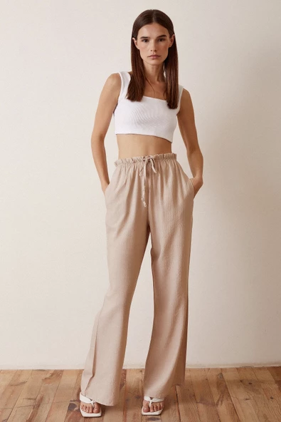 Beli Lastikli Biyeli Yüksek Bel Pantolon Bej - Resim 2