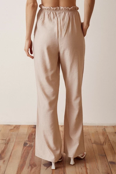 Beli Lastikli Biyeli Yüksek Bel Pantolon Bej - Resim 6