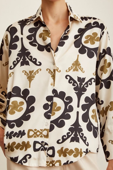 V Yaka Desenli  Saten Gömlek Bej - Resim 3