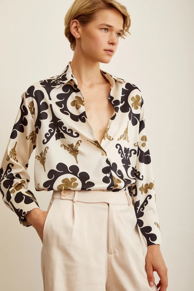 V Yaka Desenli  Saten Gömlek Bej - Resim 5