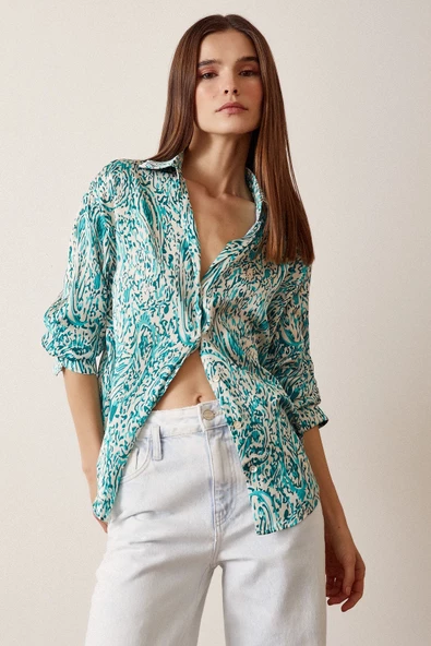 V Yaka Desenli Saten Gömlek Yeşil - Resim 4