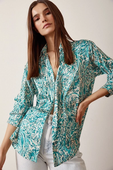 V Yaka Desenli Saten Gömlek Yeşil - Resim 6