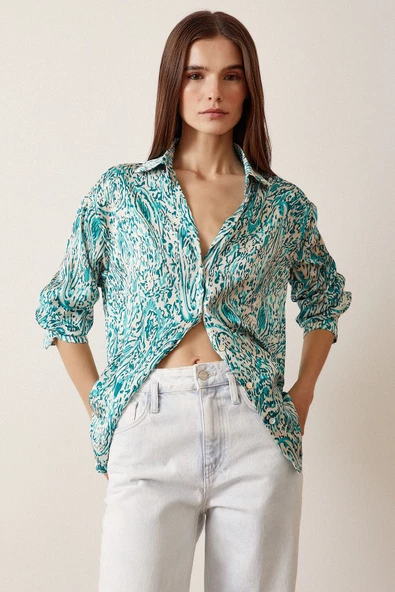 V Yaka Desenli Saten Gömlek Yeşil - Resim 3