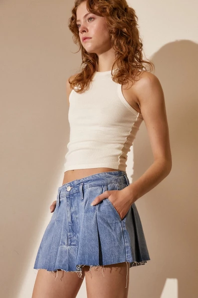 Pileli Jean Mini Etek Mavi - 4