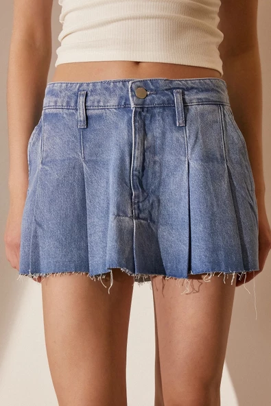 Pileli Jean Mini Etek Mavi - 5