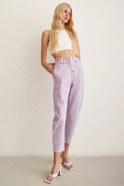 Beli Lastikli Düğme Kapalı Boyfriend Jean Mor - 3