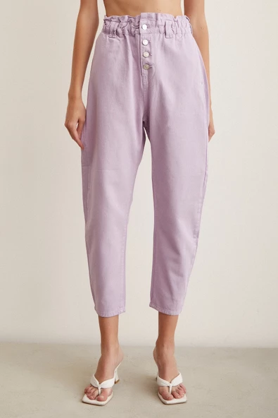 Beli Lastikli Düğme Kapalı Boyfriend Jean Mor - 5