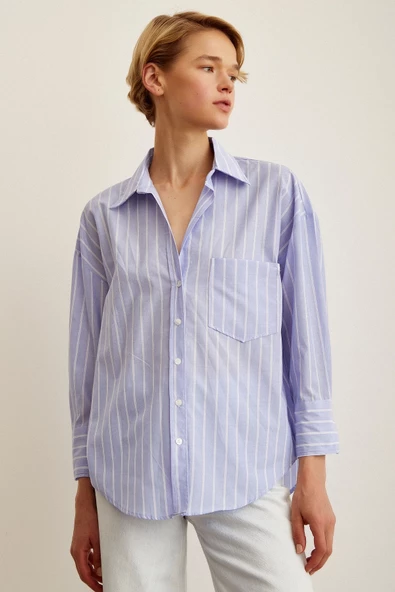 Çizgili Poplin Gömlek Açık Mavi - Resim 3