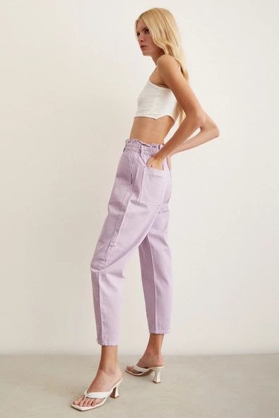 Beli Lastikli Düğme Kapalı Boyfriend Jean Mor - 4