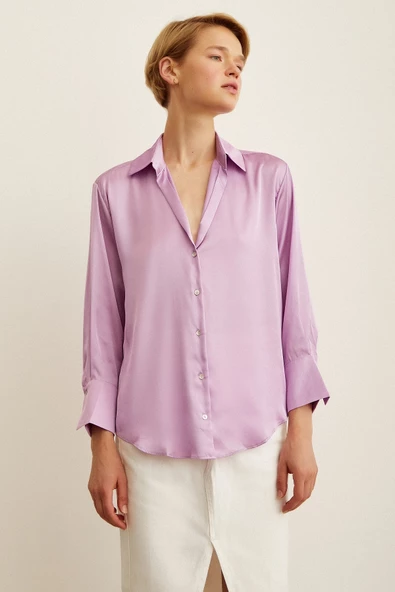 Basic Saten Gömlek Mor - Resim 3