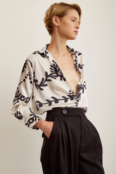 Desenli  Saten Gömlek Siyah - Resim 6