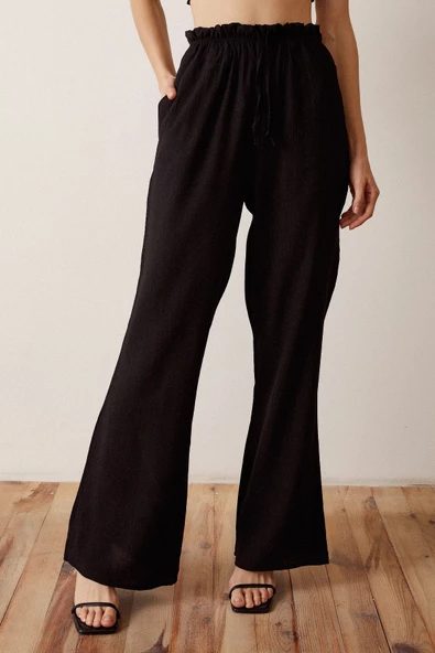 Beli Lastikli Biyeli Yüksek Bel Pantolon Siyah - 4